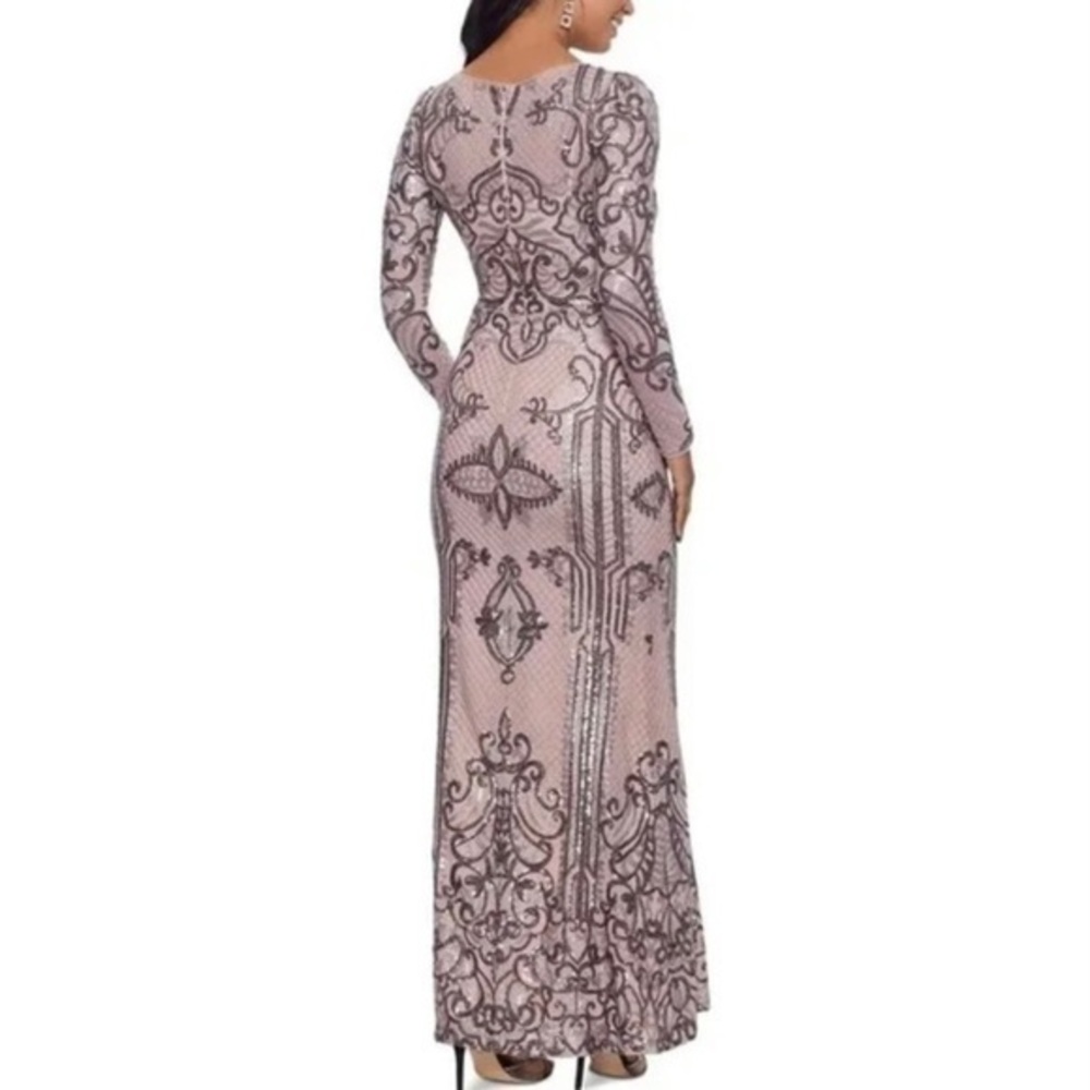 BETSY & ADAM Petite Embellished Embroidered long Sleeve Mermaid Gown in Brown